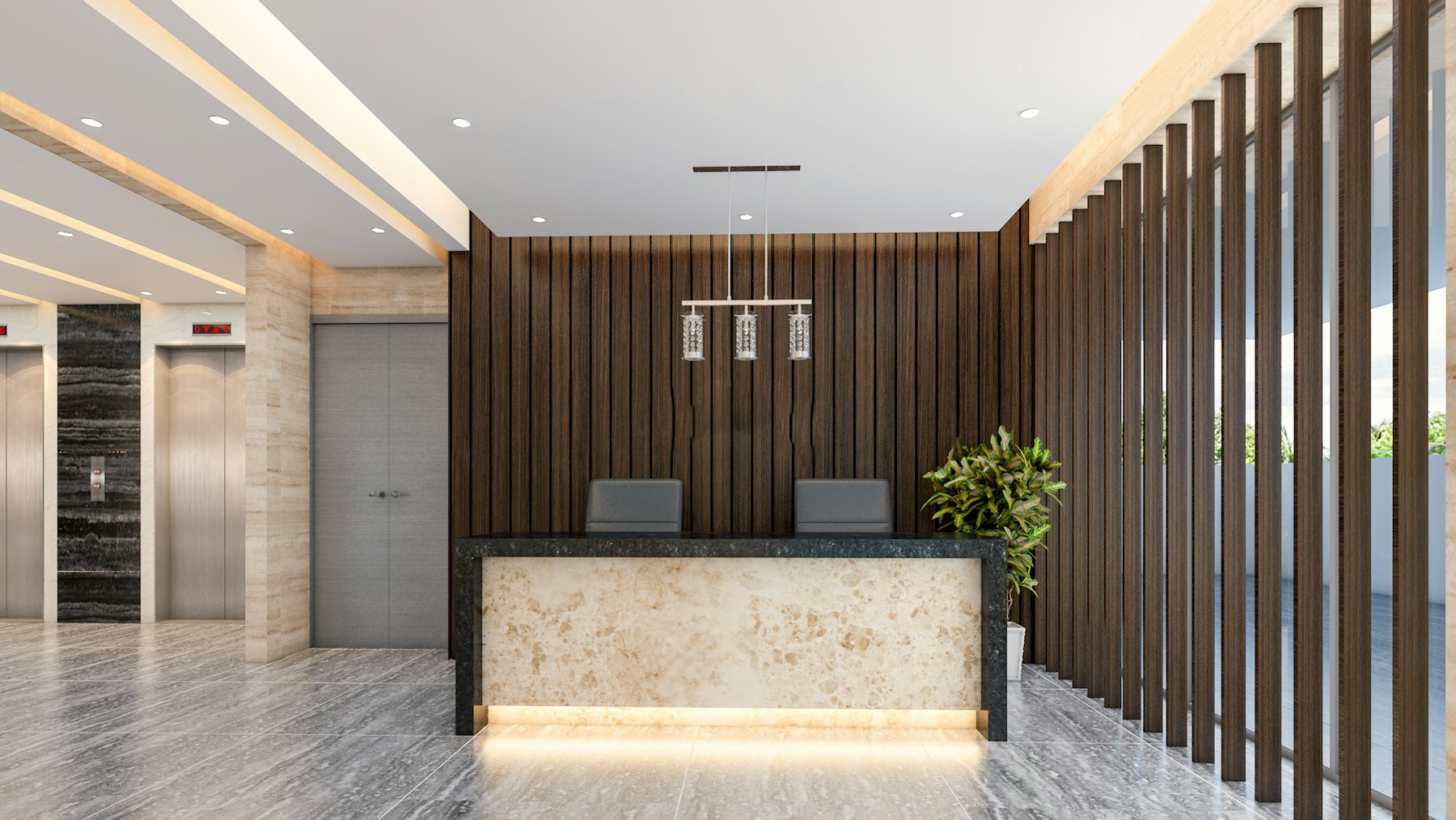 A modern office lobby with a reception desk and elevators.